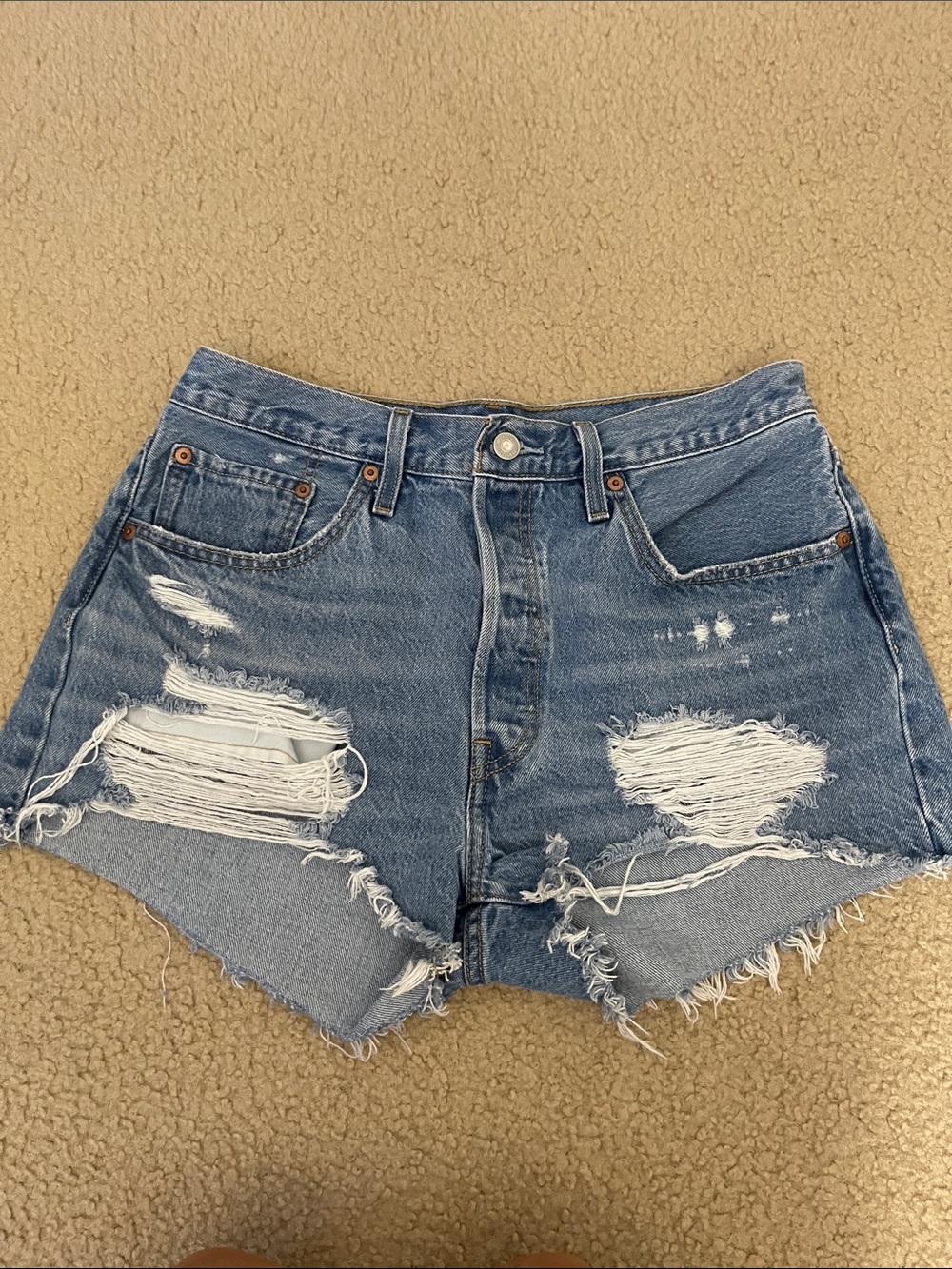 Distressed High-Waist Denim Shorts - Blue